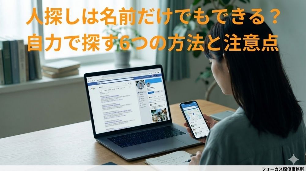 「人探しは名前だけでもできる?自力で探す6つの方法と注意点」と書かれた、PCとスマホで情報を検索する女性の後ろ姿