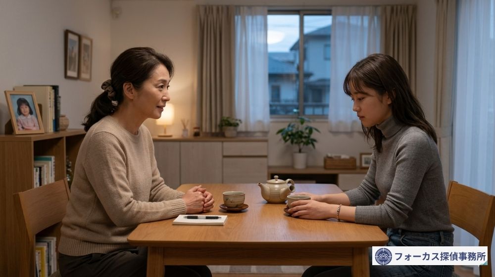家出した娘が見つかった後に家族で話し合いをしているイメージ