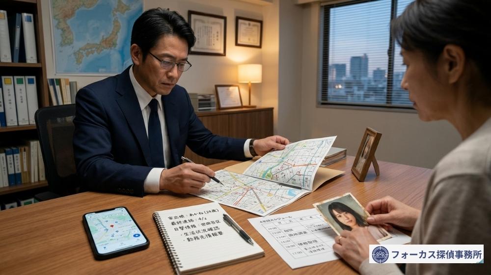 家出した娘の所在や生活状況を確認するために情報を整理しているイメージ