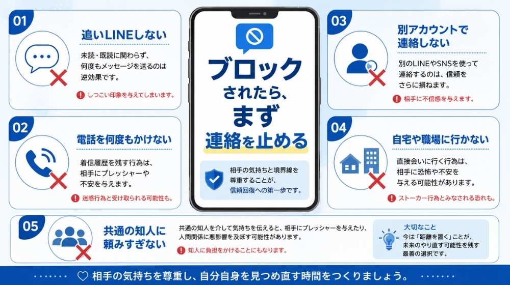 元カノにブロックされた後にまず連絡を止めるべき行動の図解