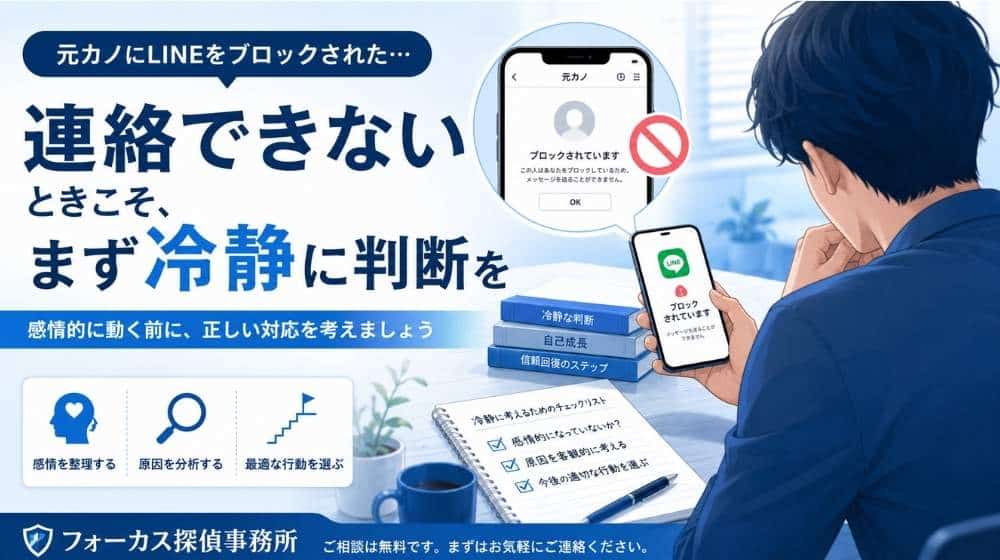 元カノにLINEをブロックされてスマートフォンを見ながら悩む男性のイメージ