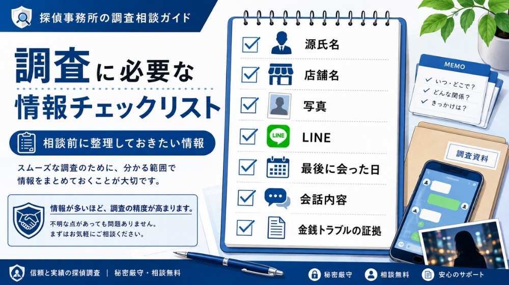 風俗嬢の人探し調査に必要な源氏名や店舗名などの情報チェックリスト