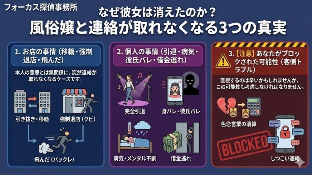 なぜ彼女は消えたのか?風俗嬢と連絡が取れなくなる3つの真実。1.お店の事情(移籍・強制退店・飛んだ)、2.個人の事情(引退・病気・彼氏バレ・借金逃れ)、3.客側トラブルでブロックされた可能性(色恋営業の清算・しつこい連絡)を図解で解説。フォーカス探偵事務所。