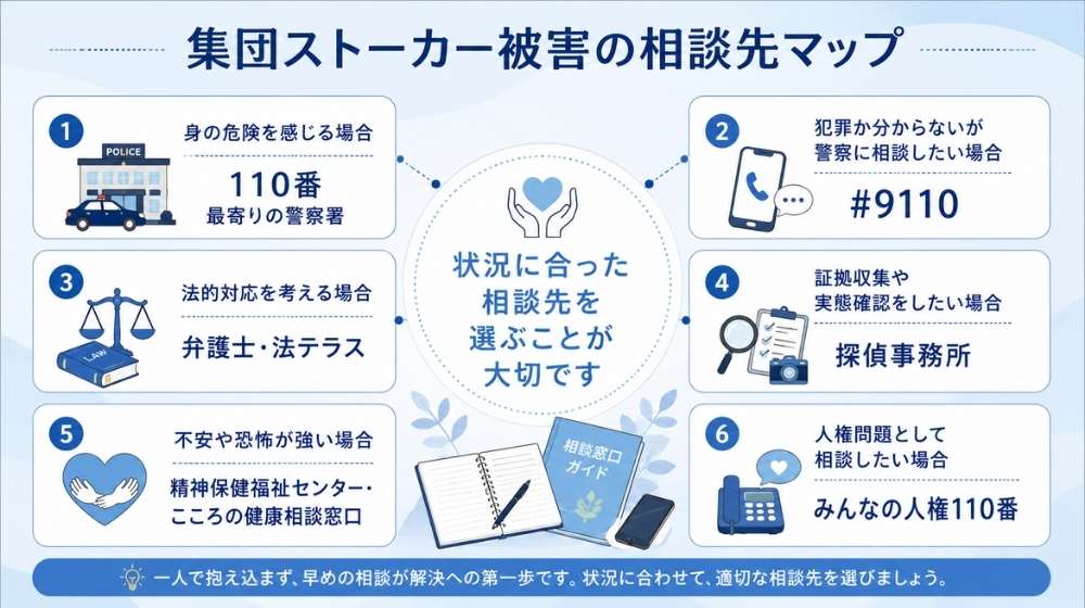 集団ストーカー被害の相談先を状況別に整理した図解