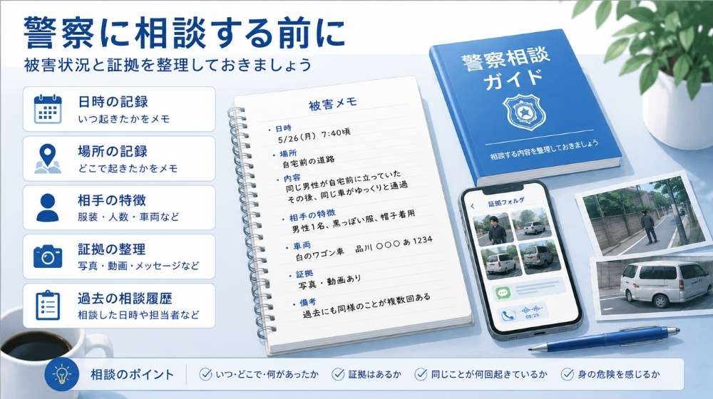 警察に相談する前に被害状況と証拠を整理するイメージ