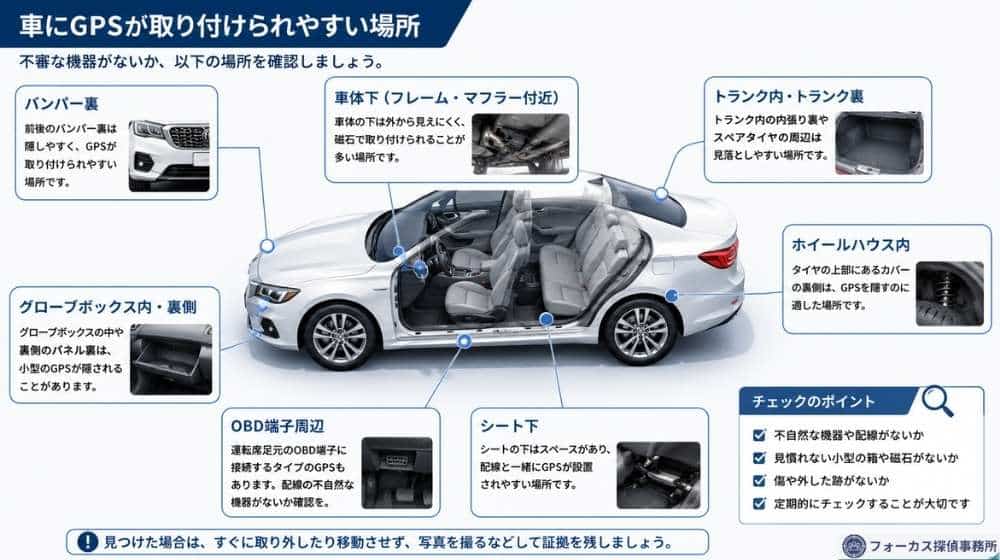 車にGPSがついているか確認すべき場所の図解