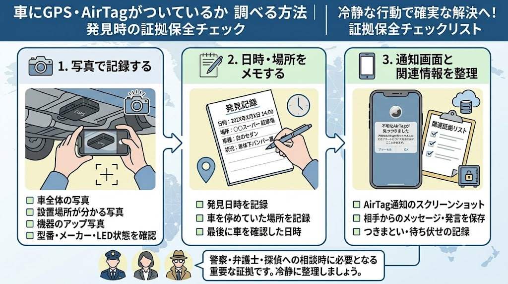 GPSやAirTagを発見した時に残すべき証拠の図解