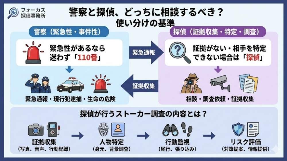 ストーカー被害に遭った時に警察と探偵の使い分けの基準を記した図解