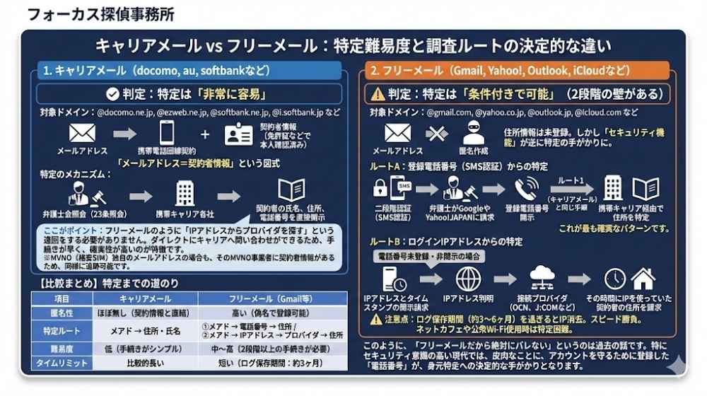 キャリアメール vs フリーメール:特定難易度と調査ルートの決定的な違い