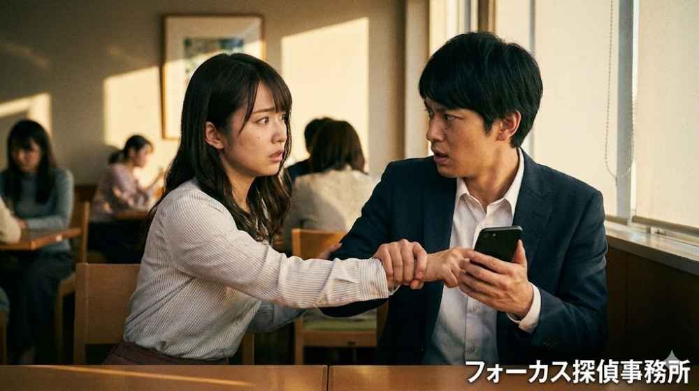 男性のスマホを盗み見ようとして、手首を掴まれてバレてしまった女性