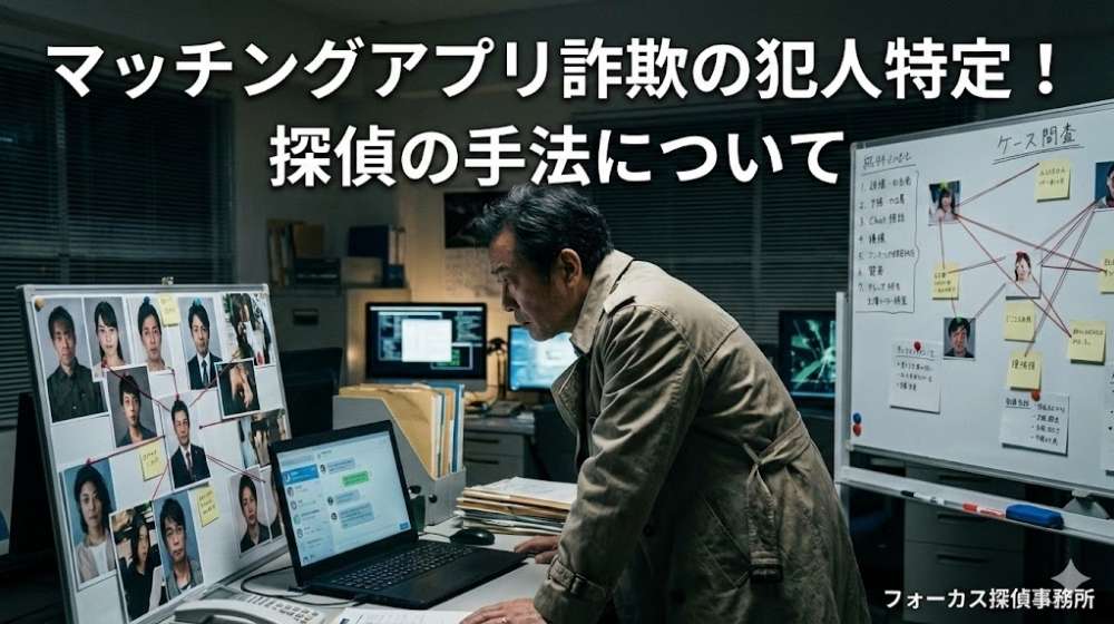 日本の男性探偵が薄暗い事務所でマッチングアプリ詐欺の調査を行っている様子。