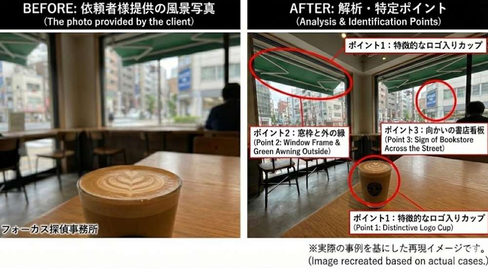 フォーカス探偵事務所による、写真から場所を特定した解決事例の比較画像。左側は依頼者提供のカフェの窓からの景色、右側は窓枠、向かいの看板、カップのロゴを解析して特定の手がかりを示した解説画像。