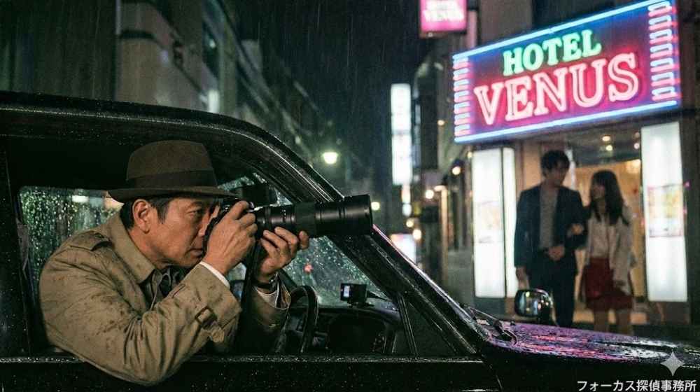 夜の雨の中、車内からカメラを構えてラブホテルから出てくる男女の証拠写真を撮影している探偵(右下にフォーカス探偵事務所のロゴテキストあり)