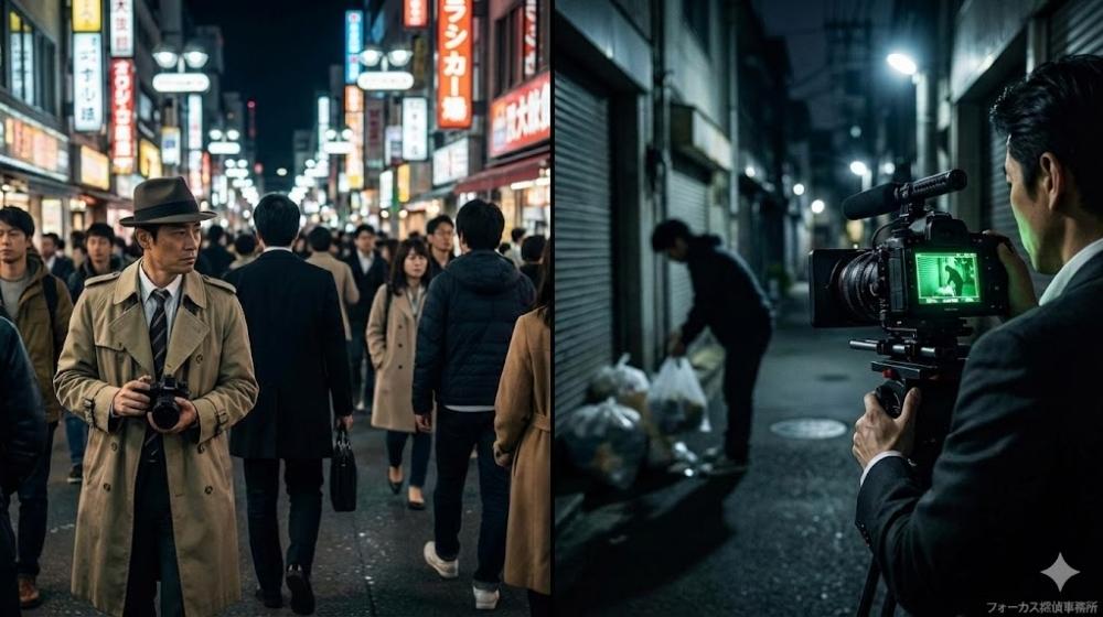 左側は日本の繁華街で対象者を慎重に尾行するトレンチコート姿の探偵。右側は夜間の路地裏でゴミの不法投棄現場を超高感度カメラを使用して証拠撮影している探偵の様子。右下に「フォーカス探偵事務所」の透かし文字入り。