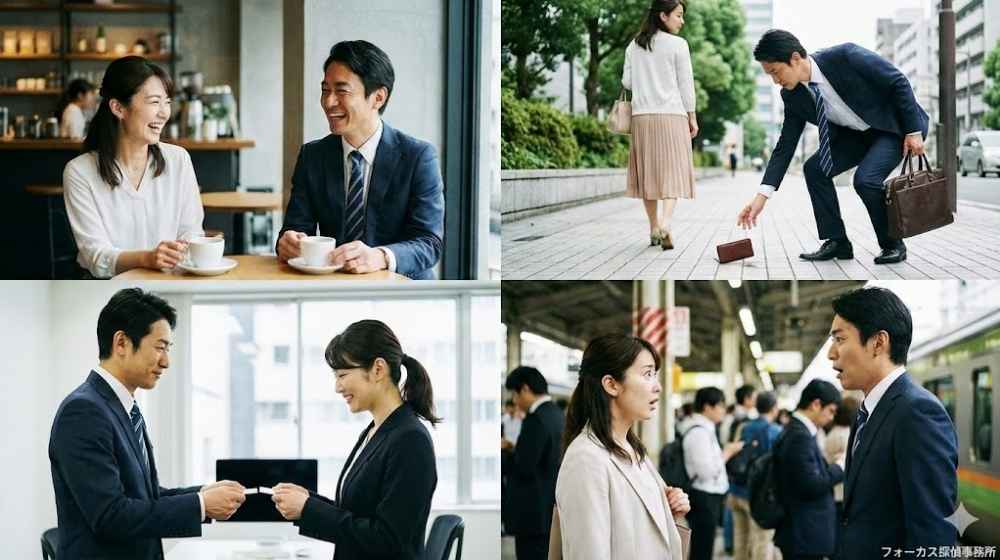 4分割された男女の日常風景。左上はカフェで談笑する様子、右上は道で女性の落とし物を拾う男性、左下はオフィスでの名刺交換、右下は駅の構内で偶然遭遇した様子。右下には「フォーカス探偵事務所」のロゴ文字が配置されています