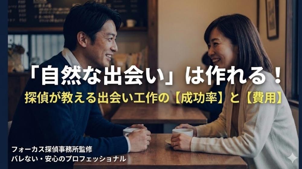フォーカス探偵事務所監修。『自然な出会い』は作れる!探偵が教える出会い工作の【成功率】と【費用】。カフェで親げに話す男女のイメージ