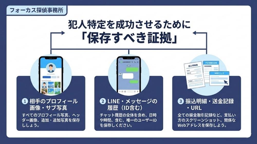犯人特定を成功させるために保存すべき証拠の図解（プロフィール画像、LINE履歴、振込明細）｜フォーカス探偵事務所