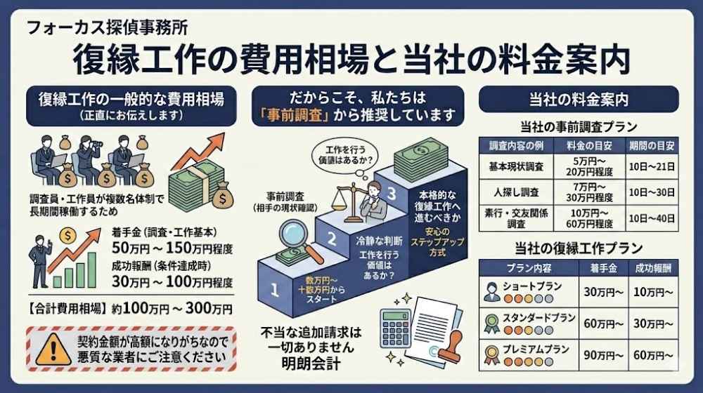 フォーカス探偵事務所による復縁工作の費用相場と料金案内のインフォグラフィック。一般的な高額な相場（約100万〜300万円）と悪徳業者への注意喚起に対し、当社は低リスクな『事前調査』から始めるステップアップ方式を採用。具体的な事前調査プランと、難易度別の復縁工作プラン（ショート、スタンダード、プレミアム）の料金表を掲載。