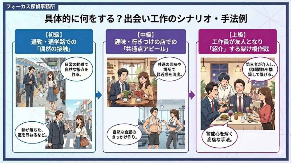 フォーカス探偵事務所監修 具体的に何をする?出会い工作のシナリオ・手法例の図解。【初級】通勤・通学路での偶然の接触(落とし物や道案内)、【中級】趣味・行きつけの店での共通点アピール(親近感の演出)、【上級】工作員が友人となり紹介する架け橋作戦(第三者介入による信頼構築)の3段階をイラストで解説。