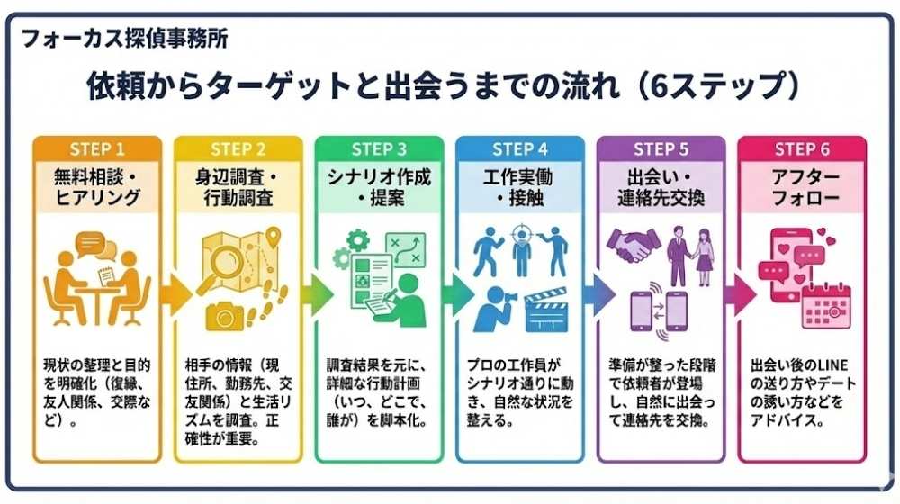 フォーカス探偵事務所の依頼からターゲットと出会うまでの流れ(6ステップ)図解|無料相談・身辺調査・シナリオ作成・工作実働・出会い・アフターフォロー