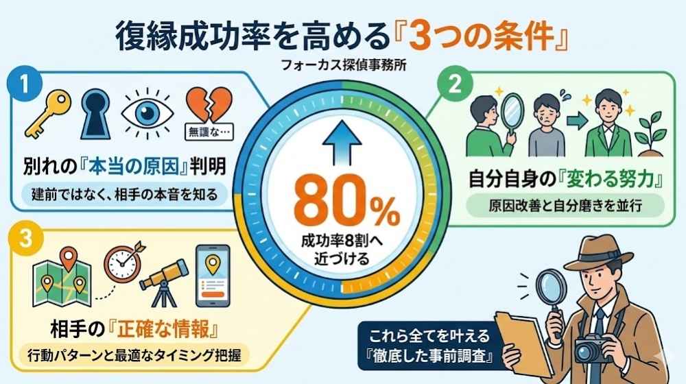 フォーカス探偵事務所による、復縁成功率を8割へ近づける『3つの条件』を図解したインフォグラフィック。1.別れの本当の原因判明、2.自分自身の変わる努力、3.相手の正確な情報の把握。これら全てを叶えるための『徹底した事前調査』の重要性を解説