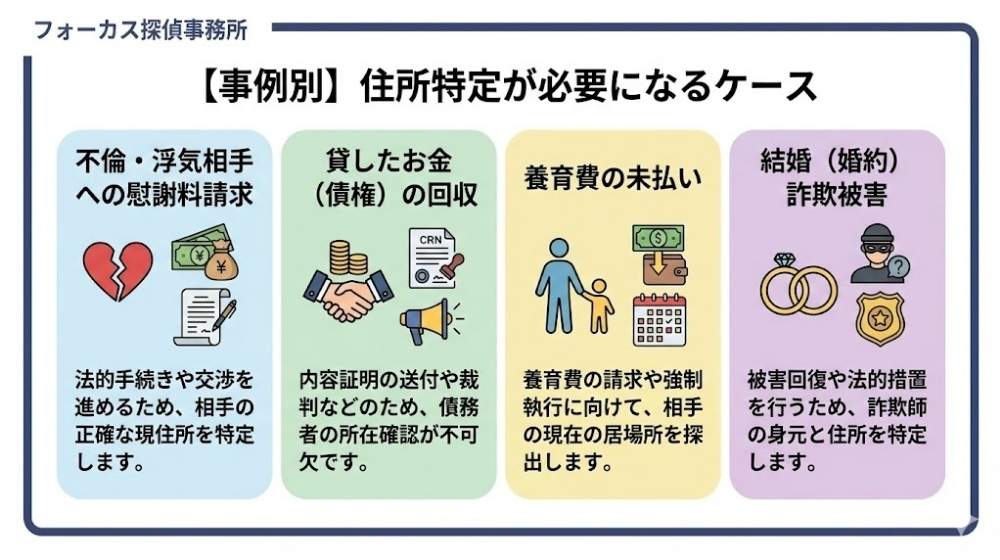 フォーカス探偵事務所のインフォグラフィック『【事例別】住所特定が必要になるケース』。不倫・浮気相手への慰謝料請求、貸したお金(債権)の回収、養育費の未払い、結婚(婚約)詐欺被害の4つの事例について、法的手続き、内容証明の送付、強制執行、被害回復などのために、相手の正確な現住所や居場所を特定することが必要不可欠であることをイラスト付きで解説しています。