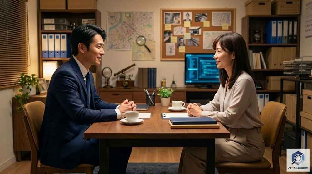 探偵事務所の相談室で、スーツ姿の男性探偵が女性依頼者の相談に親身に応じている様子。背景には地図や調査ボード、整理された資料棚があり、プロフェッショナルかつ安心感のある雰囲気。右下に「フォーカス探偵事務所」のロゴ。