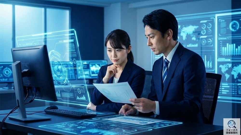 スーツ姿の日本人調査員が、サイバーブルーの近未来的なモニターと書類を用いてデータを分析している様子。信頼感のあるネイビーを基調とした背景。右下に「フォーカス探偵事務所」のロゴ。