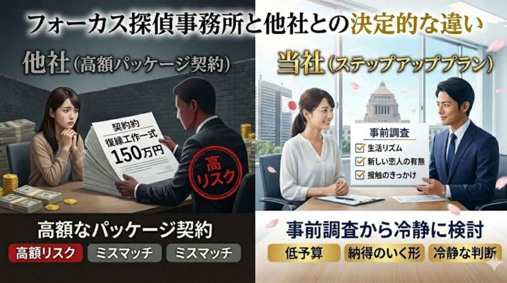 フォーカス探偵事務所と他社との決定的な違い。いきなり高額な復縁工作のパッケージ契約を迫る他社に対し、まずは事前調査（生活リズムや新しい恋人の有無など）からスタートし、低予算で冷静に検討できる当社のステップアッププランを比較したイメージ