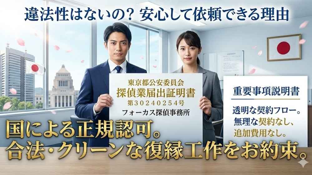 違法性はないの？安心して依頼できる理由。東京都公安委員会の探偵業届出証明書（第30240254号）を掲げ、合法でクリーンな復縁工作と透明な契約フローを約束するフォーカス探偵事務所の相談員のイメージ