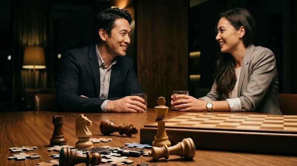 復縁工作は緻密な心理戦。バーで自然に談笑する男女と、テーブルに置かれたチェスの駒やパズルのピースが戦略的なアプローチを暗示しているイメージ（フォーカス探偵事務所）