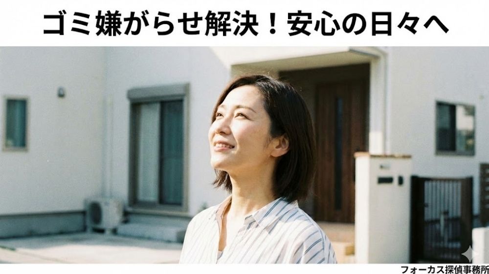 ゴミによる嫌がらせトラブルが解決し、安心した表情を見せる40代女性。右下に「フォーカス探偵事務所」の記載あり。