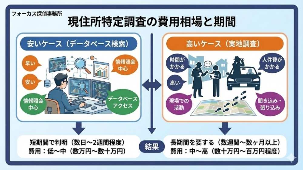 現住所特定調査の費用相場と期間の比較図解(フォーカス探偵事務所)。データベース検索による安いケース(数日〜2週間程度、数万〜数十万円)と、実地調査による高いケース(数週間〜数ヶ月、数十万〜百万円程度)の違いをイラストで解説