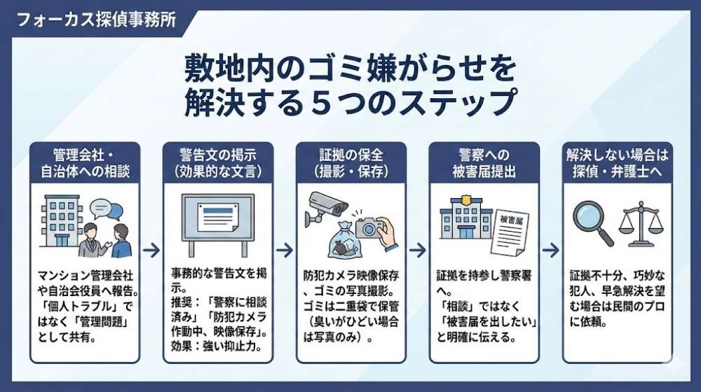 敷地内のゴミ嫌がらせを解決する5つのステップ図解（管理会社相談・警告文・証拠保全・警察・探偵依頼）フォーカス探偵事務所