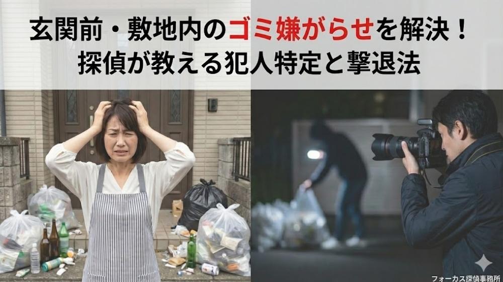 玄関前に捨てられたゴミに頭を抱える主婦と、夜間に張り込みをしてカメラで証拠を押さえる探偵の比較画像。キャッチコピー「玄関前・敷地内のゴミ嫌がらせを解決！探偵が教える犯人特定と撃退法」、右下に「フォーカス探偵事務所」のロゴあり。
