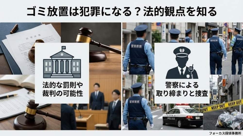 ゴミ放置は犯罪になる？法的観点を知る。左側に裁判所関連のイメージとアイコン、右側に警察官のシルエットと捜査イメージを配置した2分割デザイン。右下にフォーカス探偵事務所の署名あり。