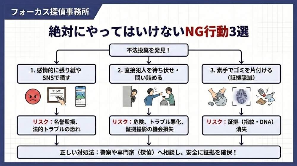 不法投棄発見時に絶対にやってはいけないNG行動3選のフローチャート図解【フォーカス探偵事務所監修】。感情的な張り紙やSNS晒しによる名誉毀損、待ち伏せによるトラブル悪化、素手での片付けによる証拠隠滅のリスクと、警察や探偵へ相談する正しい対処法を解説。