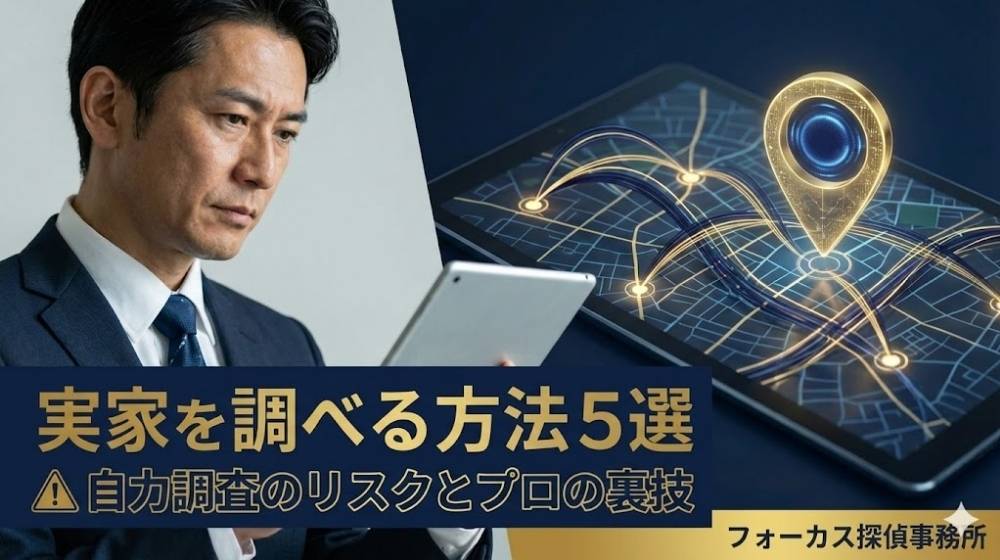 実家を調べる方法5選と自力調査のリスク。地図と探偵のイメージ画像。フォーカス探偵事務所。