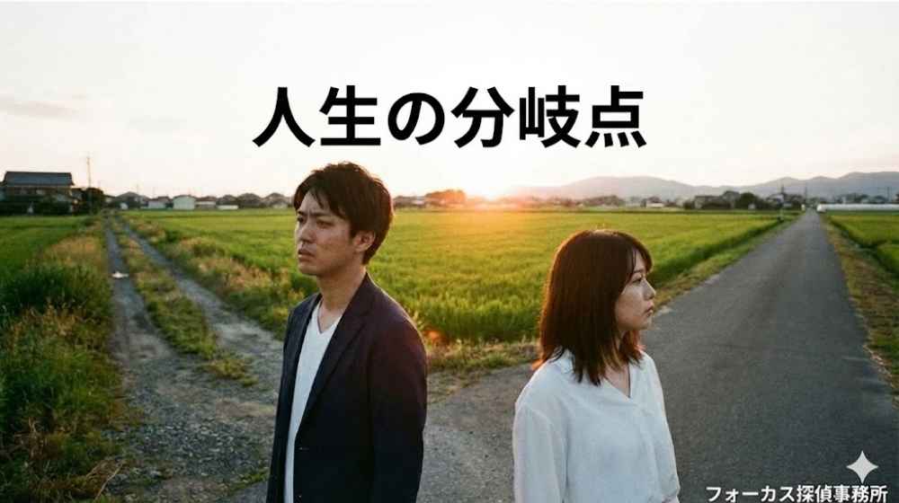 「人生の分岐点」の文字と背を向けて立つ男女(フォーカス探偵事務所)