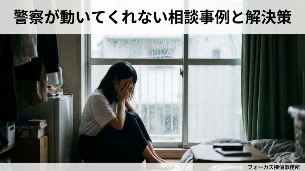 窓際で悩み孤立する女性のイメージと警察が動いてくれない相談事例と解決策。フォーカス探偵事務所