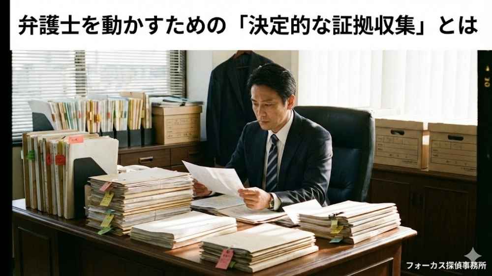 弁護士を動かすための「決定的な証拠収集」とは。山積みの書類資料に目を通すスーツ姿の男性。右下にフォーカス探偵事務所のロゴ