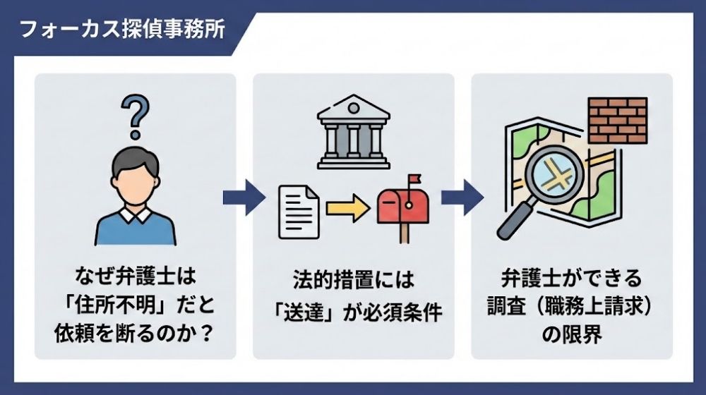 弁護士が住所不明で依頼を断る理由と調査の限界:送達条件の図解【フォーカス探偵事務所】