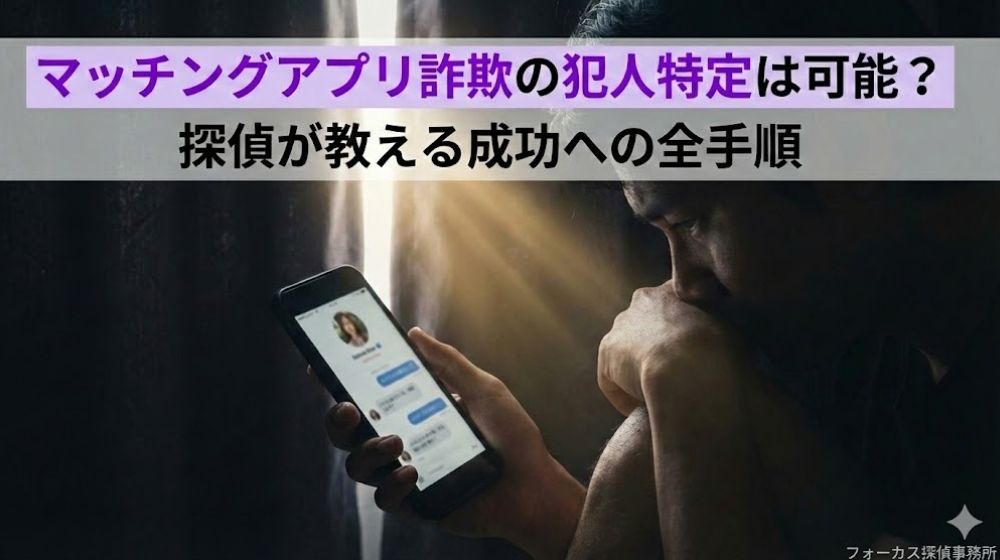 マッチングアプリ詐欺の犯人特定は可能？探偵が教える成功への全手順 - スマホを見て悩む被害者と解決の光 | フォーカス探偵事務所