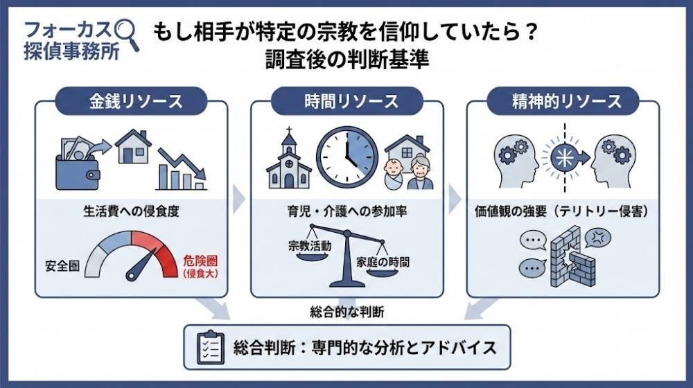 パートナーが特定の宗教を信仰している場合の調査判断基準図解｜金銭・時間・精神的リソースへの影響｜フォーカス探偵事務所