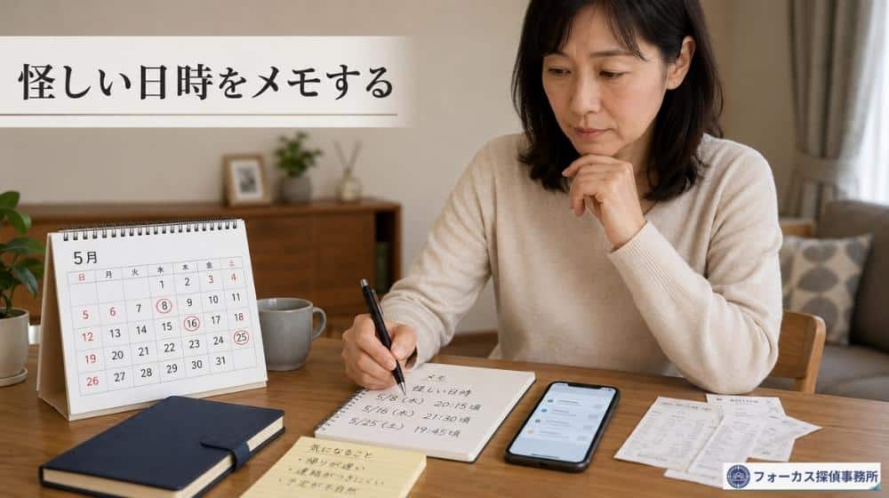 探偵に相談する前にパートナーの行動をメモする女性