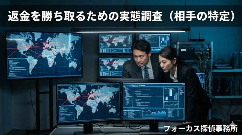 暗い部屋で複数のモニターに映る地図データやコードを解析する日本人調査員。「返金を勝ち取るための実態調査（相手の特定）」のタイトルと、右下に「フォーカス探偵事務所」のロゴ。
