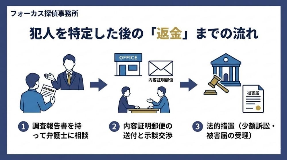 犯人を特定した後の「返金」までの流れ図解｜フォーカス探偵事務所。1.調査報告書を持って弁護士に相談、2.内容証明郵便の送付と示談交渉、3.法的措置（少額訴訟・被害届の受理）の3ステップ