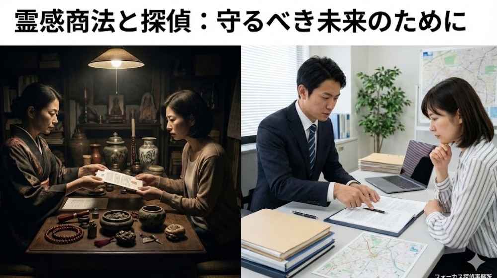 左側は薄暗い室内で壺や数珠、契約書がテーブルに置かれた霊感商法のイメージ。右側は明るいオフィスでスーツ姿の男性探偵が40代の女性依頼者に資料を見せて説明している相談風景。2つのシーンを対比させた2カラム画像。