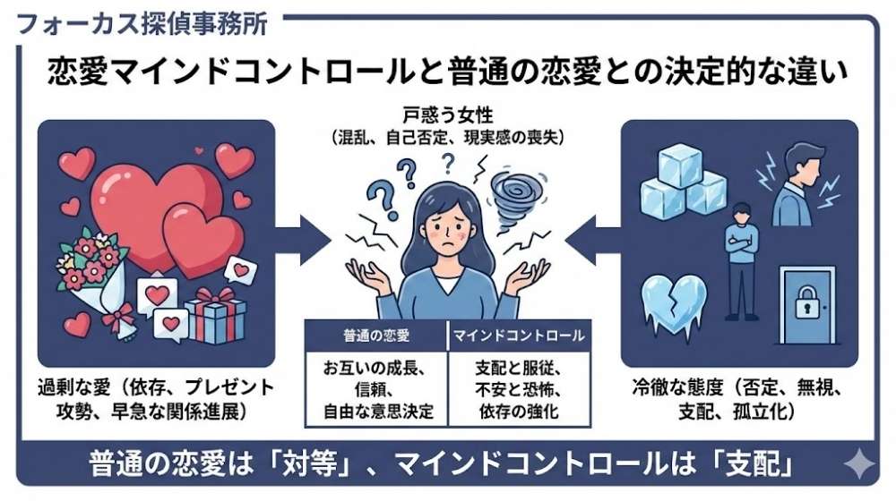 【図解】恋愛マインドコントロールと普通の恋愛との決定的な違い｜過剰な愛と冷徹な態度の比較イラスト｜フォーカス探偵事務所