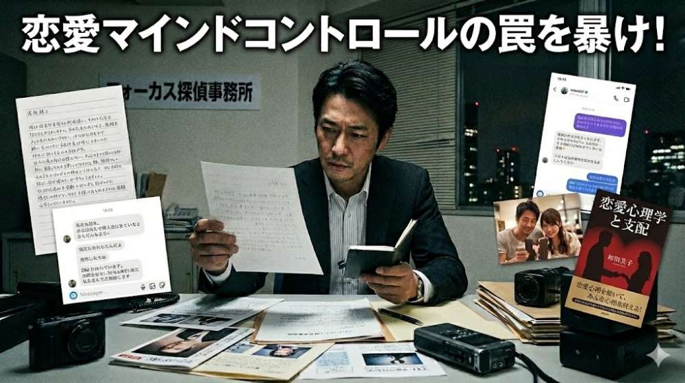 恋愛マインドコントロールの証拠を集める探偵と調査資料